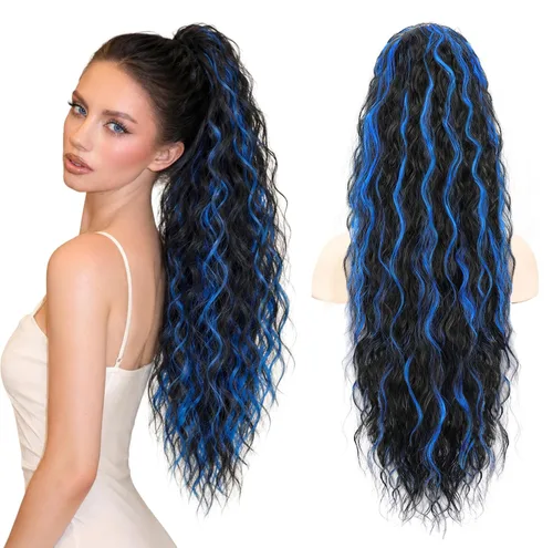 Miniatura 23 de Extensión de cola de caballo con cordón, extensión de cola de caballo larga y rizada para mujeres negras, extensiones de cabello negro de 26