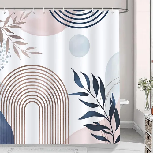 Bonhause Cortina de ducha bohemia rosa y azul, moderna cortina de baño minimalista con diseño de hojas de sol y sol, 72 x 72 pulgadas, cortina de