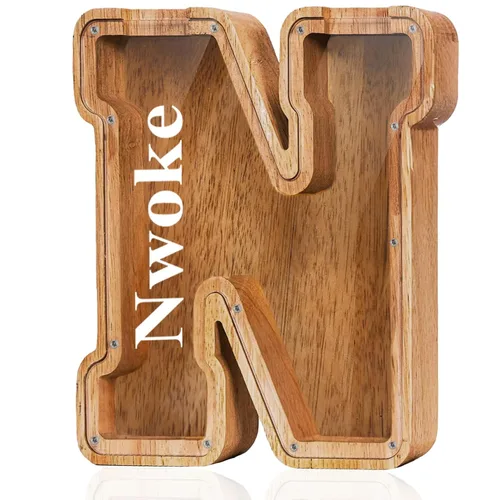 Miniatura 26 de Alcancía de madera grande personalizada con letras – Alcancía de letras para niños y niñas, regalo de cumpleaños (A)