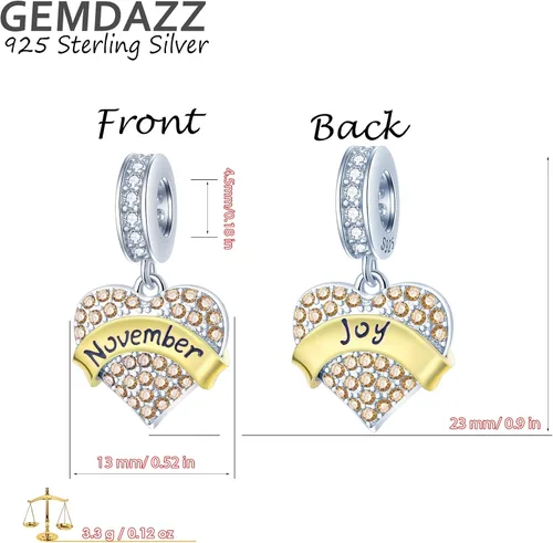 Miniatura 2 de GEMDAZZ Abalorios de plata de ley 925 de 2 tonos para cumpleaños del mes de enero a diciembre, cuentas colgantes de corazón transparentes
