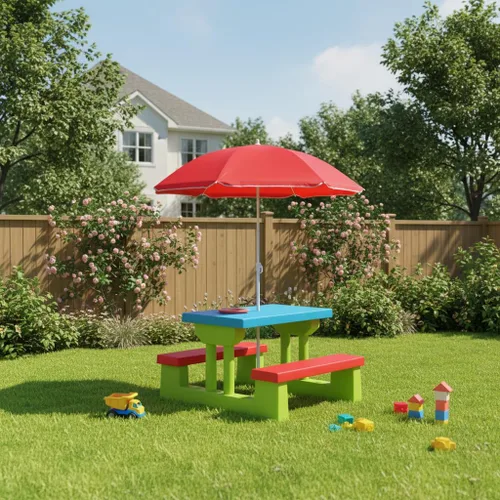 Miniatura 5 de KOTEK Juego de mesa de picnic para niños, mesa y banco para niños al aire libre con paraguas extraíble, muebles de plástico para niños, mesas
