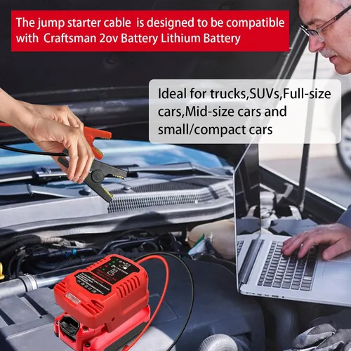 Miniatura 7 de Adaptador de arranque para Craftsman 20V V20 Li-ion alimentado por batería con abrazaderas de cable de puente, cargador de coche portátil