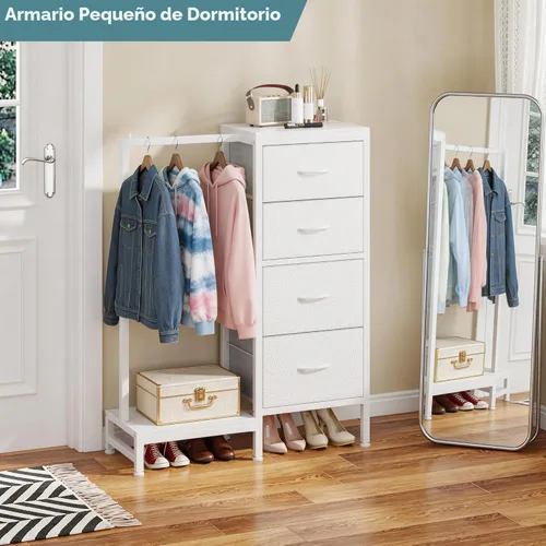 Miniatura 6 de HIGDBFE Cómoda alta de 44 pulgadas de alto con estante para colgar, cómoda pequeña de 4 cajones para dormitorio, cómoda de tela reversible con Blanco