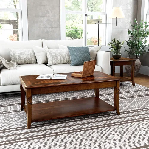 Miniatura 10 de Mesa auxiliar de madera maciza con estante de almacenamiento, mesa auxiliar rectangular vintage para sofá con mesa de empalme y patas talladas, mesa