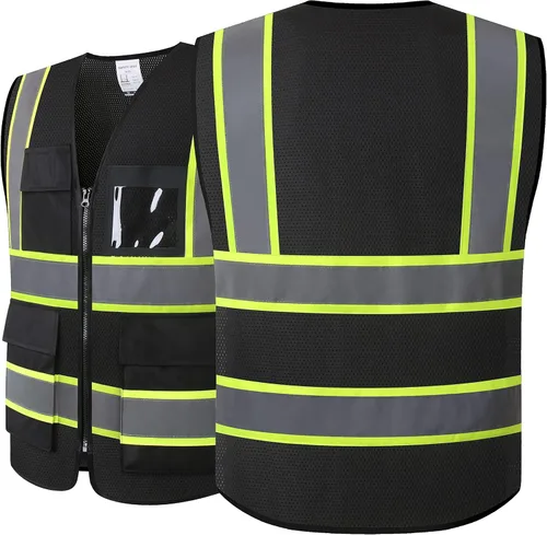 Miniatura 5 de Chalecos de seguridad de malla negra reflectante de alta visibilidad con 8 bolsillos y cremallera frontal, chaleco de seguridad de alta visibilidad