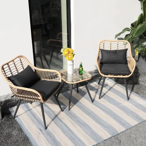 Miniatura 8 de JOIVI Juego de 3 piezas para patio, juegos de mimbre para exteriores, para porche, patio trasero con mesa de centro cuadrada de cristal, cojines
