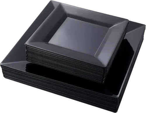 N9R 60 platos cuadrados de plástico negro, 30 platos de cena y 30 platos de postre resistentes, platos desechables elegantes para fiestas, bodas y
