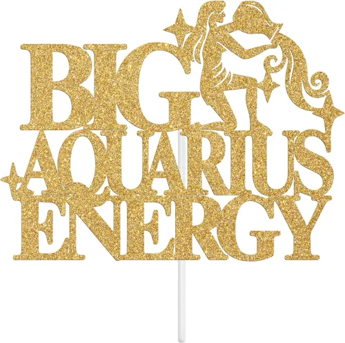 Miniatura 7 de Decoración de pastel de energía de acuario grande con purpurina dorada, feliz cumpleaños acuario en enero/febrero, temporada de acuario, 12