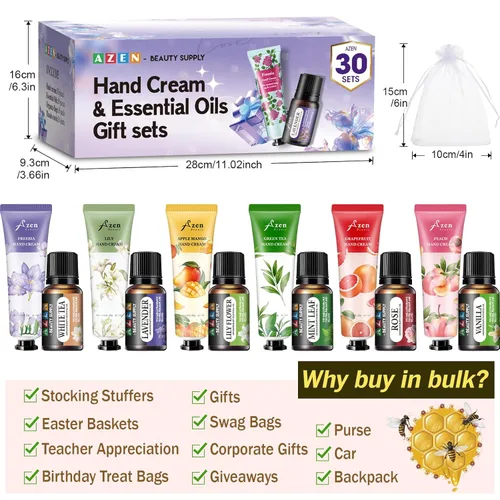 Miniatura 6 de AZEN 30 juegos de regalos a granel, crema de manos y aceites esenciales a granel con bolsa de organza, tarjeta de agradecimiento, regalos de baby