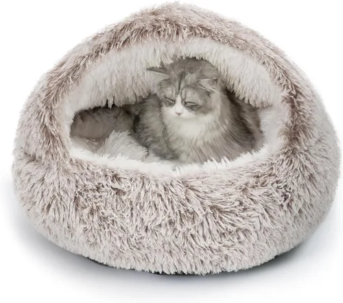CATISM Cama de felpa con capucha para gatos, nido relajante, cueva autocalentable, cómoda cápsula para gatos de interior o perros pequeños, cala