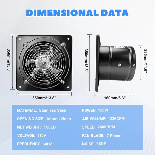 Miniatura 2 de iMeshbean Extractor de 12 pulgadas, ventilador de escape de pared 1226CFM para cocina, baño, ventilador extractor de metal ideal para ático, garaje