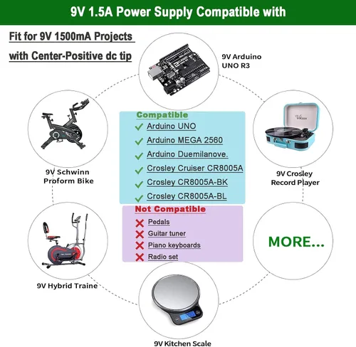 Miniatura 3 de Adaptador de fuente de alimentación Gonine 9V 1.5A 1A, CA 100-240V a DC 9V Cable de alimentación. Compatible for 9Volt Arduino UNO MEGA, Schwinn