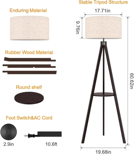 Miniatura 6 de LEPOWER Lámpara de pie con trípode, lámpara de pie de madera de mediados de siglo, lámpara de pie con diseño moderno y estante para sala de estar
