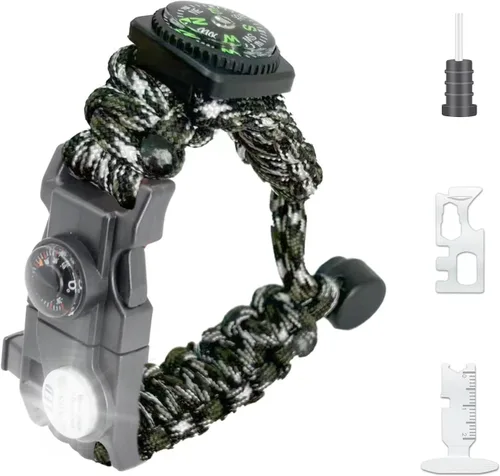 Brazalete de paracord de supervivencia 20 en 1, kit de equipo ajustable con luz LED SOS, arrancador de fuego, brújula más grande, silbato de Camo