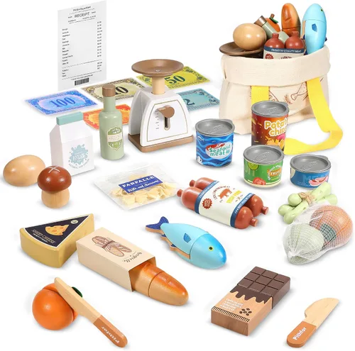 Miniatura 8 de Pithfor Juego de alimentos de madera para niños pequeños, tienda de comestibles, comida de simulación, compras y juegos, accesorios de cocina