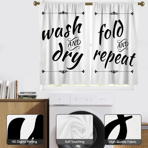 Miniatura 2 de zokyer Cortinas de cocina en blanco y negro con frases de lavado con palabras impresas en seco, divertidas, simples, pequeñas, cortas, 27.5 pulgadas