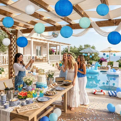 Miniatura 4 de 12 Linternas de Papel Azul, Blanco y Verde Menta de Tamaños Variados (6" 8" 10" 12") para Decoración del Hogar, Boda, Cumpleaños, Decoraciones