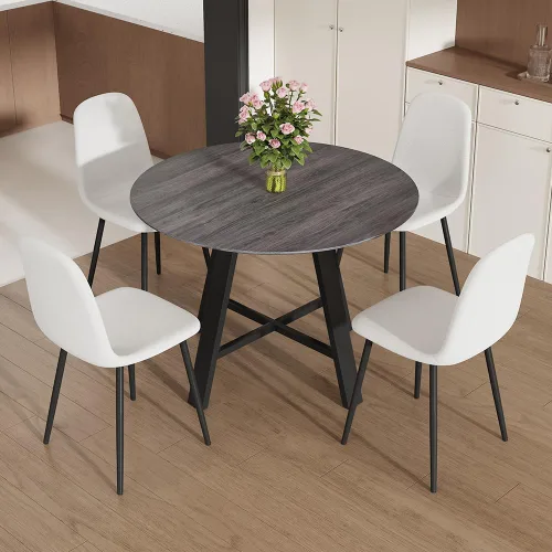 Miniatura 13 de Juego de 4 mesas de comedor redondas de 42 pulgadas para 4, sillas de mesa de cocina modernas, juego de 4 sillas tapizadas de madera con patas
