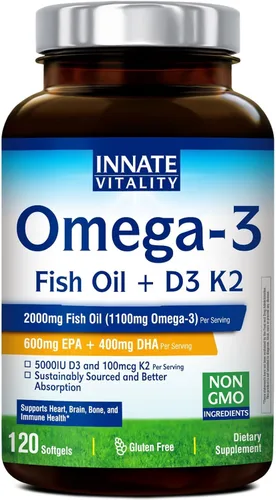 Miniatura 9 de Innate Vitality Suplemento de aceite de pescado Omega 3, 2000 mg de aceite de pescado por porción, EPA 600 mg + DHA 400 mg con vitaminas D3 K2