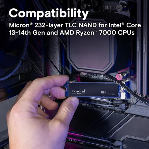 Miniatura 5 de Crucial T705 PCIe Gen5 NVMe SSD de 1 TB, hasta 13,600 MB/s, TLC NAND, compatible con Intel y Ryzen, para juegos intensivos y almacenamiento de alta