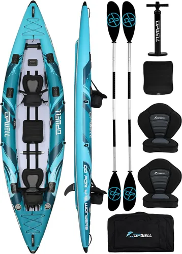 UPWELL Kayak inflable de 11 pies/14 pies 6 pulgadas con piso de punto de caída y accesorios, incluyendo asiento de kayak con cojín grueso, paleta,