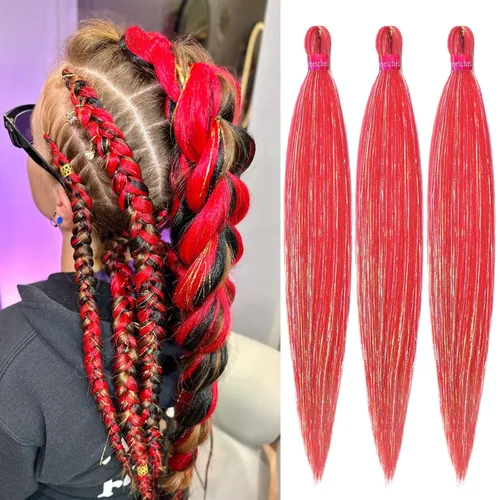Miniatura 55 de Cabello trenzado verde con lentejuelas de 26 pulgadas, preestirado, trenzas de textura Yaki, extensiones de cabello pre plumadas, 3 paquetes, fácil