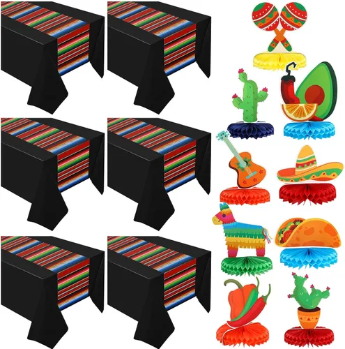 Preboun 15 piezas de decoraciones de fiesta del Cinco de Mayo, suministros de fiesta mexicana incluyen 6 manteles mexicanos de 54 x 108 pulgadas y 9