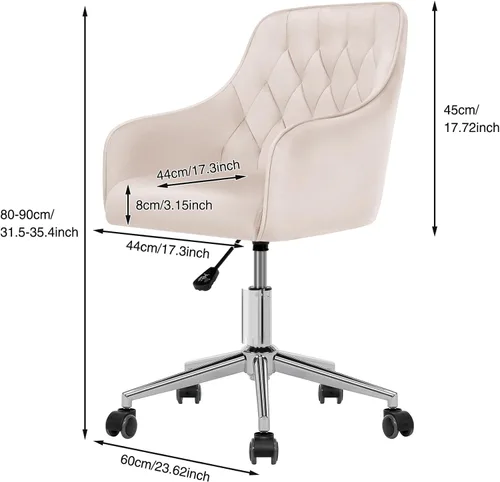 Miniatura 2 de HOFFREE Silla de oficina de terciopelo, bonita silla de tocador con ruedas para dormitorio, silla tapizada para oficina en casa (beige)
