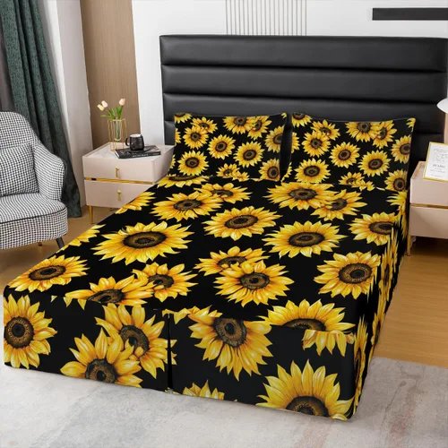 Falda de cama individual de girasol, flores soleadas con esquinas divididas, faldas de cama bohemias florales amarillas, falda de cama para plantas