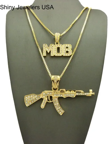 Miniatura 2 de Shiny Jewelers USA Juego de collar de cadena con colgante para hombre, pistola AK 47 picador pulgar, vida, Metal, Circonia cúbica