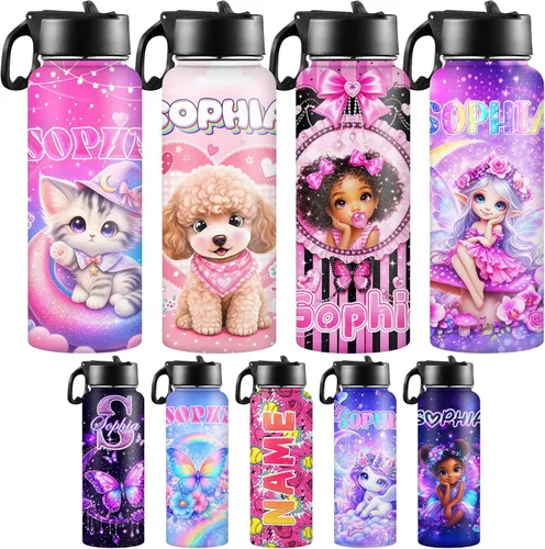 Miniatura 25 de Botellas de agua personalizadas para niñas, de acero inoxidable con aislamiento de doble pared con pajita, botella de agua de color degradado