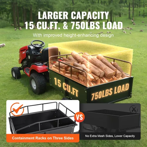 Miniatura 4 de VEVOR Remolque Resistente para ATV Carro de Descarga de Acero, 750 libras 15 Pies Cúbicos, Remolque Utilitario de Jardín Remolques de Patio con Negro