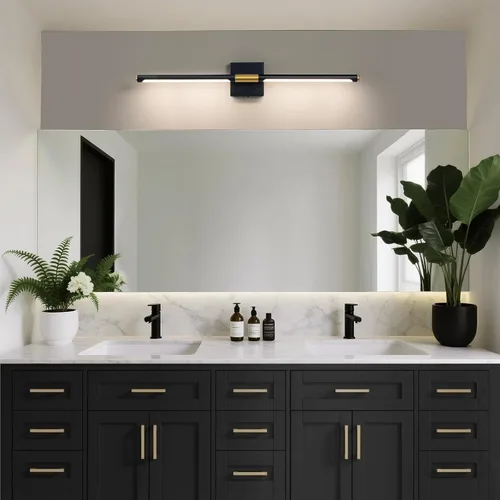 Miniatura 4 de Lámparas de tocador de baño negras y doradas para baño sobre espejo de 30 pulgadas, apliques LED de baño IP44 5CCT ajustables, luces modernas