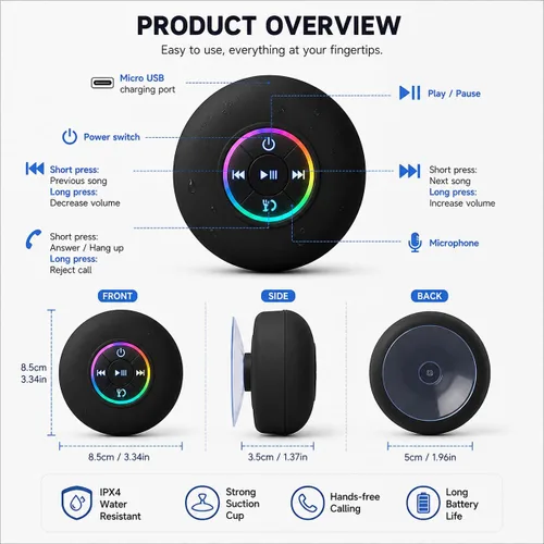 Miniatura 5 de Altavoz de ducha Bluetooth con LED – Altavoz mini inalámbrico portátil con micrófono y ventosa, resistente al agua IPX4 para ducha, viaje, piscina