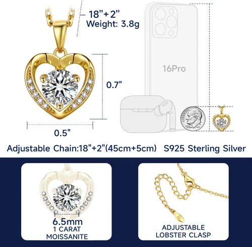 Miniatura 73 de MomentWish Collar de corazón para mujer, moissanita, diamante de imitación, plata de ley 925