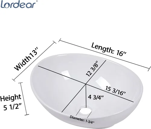 Miniatura 5 de Lordear Fregadero ovalado de 16 x 13 pulgadas, fregadero de baño con forma de huevo moderna sobre mostrador, lavabo de cerámica de porcelana blanca