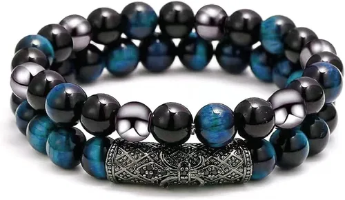 Miniatura 17 de 2Pcs Triple Protection Bracelet,Natural Tigers Eye Black Obsidian and Hematite 8 MM Beads Bracelet for Men Women Gift, Healing Crystal Bracelet
