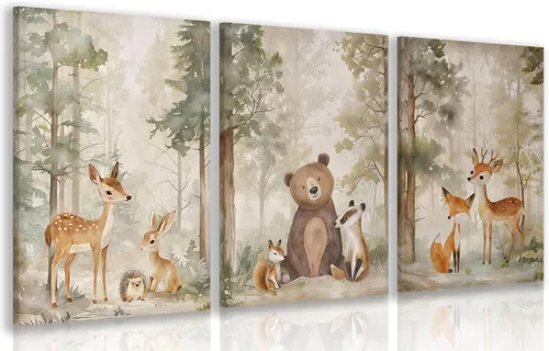 Cyebmo Juego de 3 pinturas enmarcadas de animales del bosque, decoración de pared de animales salvajes del bosque, decoración de pared, pintura en