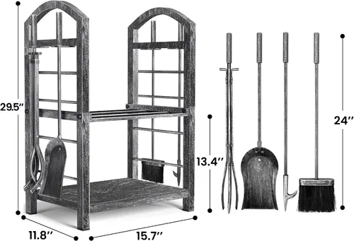 Miniatura 5 de AMAGABELI GARDEN & HOME Estante de leña para interiores con herramientas, juego de herramientas para chimenea, soporte de madera de hierro forjado