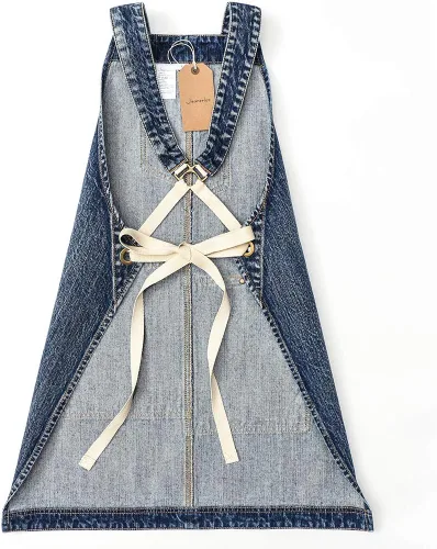 Miniatura 2 de Jeanerlor - Delantal de mezclilla con 4 bolsillos para mujeres y hombres - Estilo lavado correas cruzadas en la espalda y ajustable S a XXXL, Azul