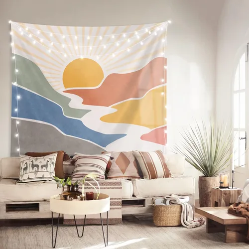Miniatura 3 de SUOTEMEIFEI Tapiz bohemio de sol de montaña, arte simple, diseño de amanecer, naturaleza, puesta de sol, paisaje, abstracto, estético, decoración