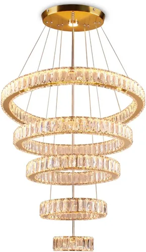 Miniatura 7 de Lámpara candelabro LED de cristal grande, moderna de 5 anillos, luz colgante ajustable para dormitorio, comedor, cocina (blanco cálido).