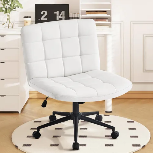 Miniatura 13 de Furniliving Silla de escritorio de oficina en casa con ruedas, silla ancha con patas cruzadas, silla ajustable de altura sin brazos con respaldo