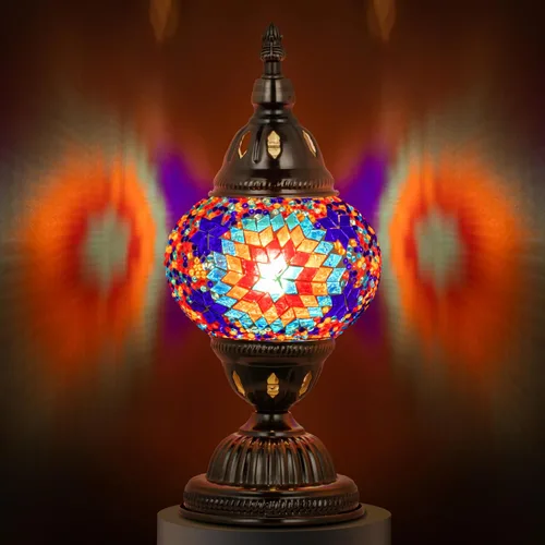 Marrakech Lámpara de vidrieras marroquíes con estilo Tiffany, lámparas de mosaico turco hechas a mano con base de bronce, incluye bombilla LED para