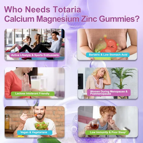 Miniatura 7 de Totaria Gomitas de calcio y magnesio y zinc sin azúcar para mujeres y hombres, 19 en 1 de máxima absorción de calcio 1200 mg suplementos