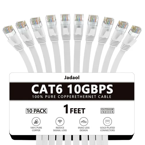 Miniatura 22 de Cable Ethernet Cat 6 de 1 pie (paquete de 6), para exteriores e interiores, compatible con red Cat7 de 10 Gbps, cable de conexión LAN plano