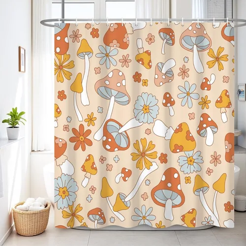 Miniatura 11 de Renaiss Juego de cortinas de ducha de 60 x 72 pulgadas, diseño de hongos bohemios, retro de los años 70, flores naranjas florales, divertidas