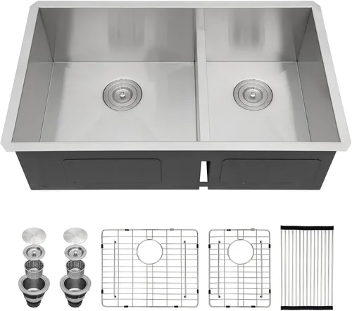 Miniatura 16 de Sarlai Fregadero de Cocina Dorado Bajo Encimera de 33 Pulgadas Doble Tazón 33 x 19 Pulgadas Bajo Dividido Dorado Estación de Trabajo Fregadero Doble
