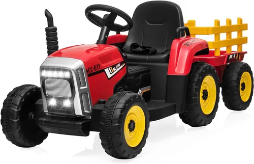 Miniatura 8 de SEHOMY Tractor de Power Wheels Rojo con Remolque, Carro Montable para Niños Pequeños con Control Remoto, 7 Faros LED, Motor Dual, Batería de 12V
