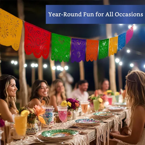 Miniatura 8 de Pancartas de fiesta mexicana (paquete de 2 con 10 banderas de plástico por bandera), papel picado mexicano para fiesta, papel picado de plástico